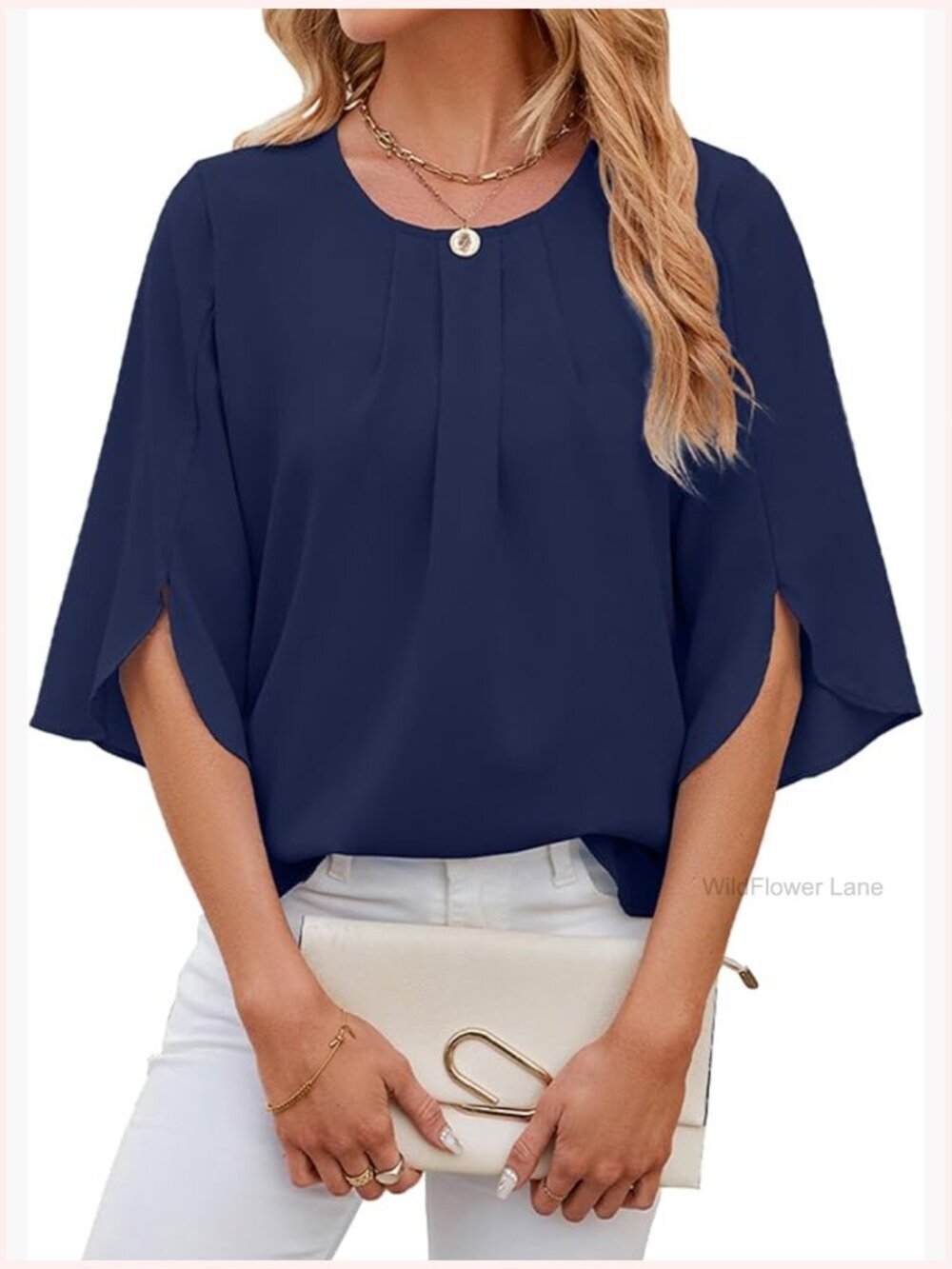 Dressy Casual 3/4 Sleeve Pleated Scoop Neck Blouse Tunic Top